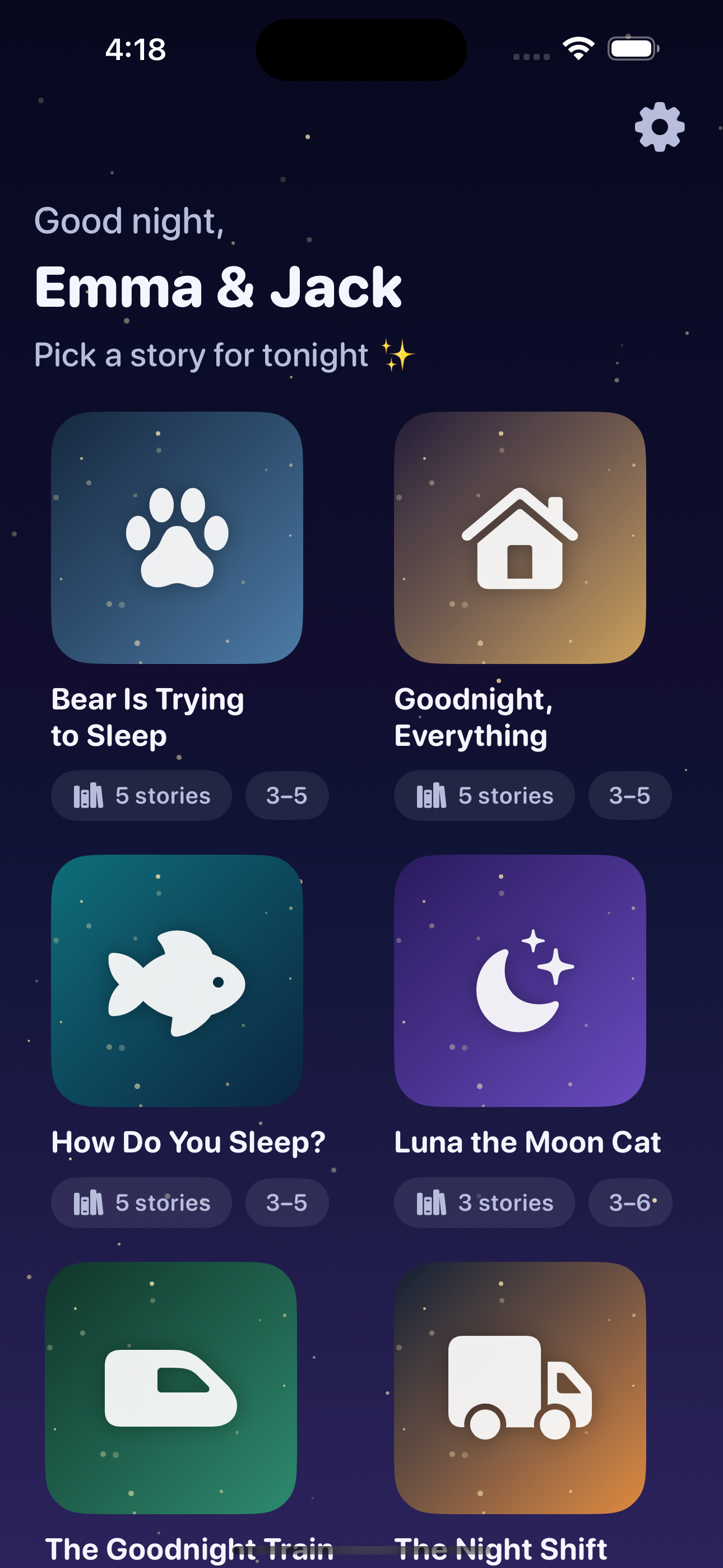 A screenshot of the Otis app: a calm night-sky home screen reading “Good night” above a grid of gentle story tiles